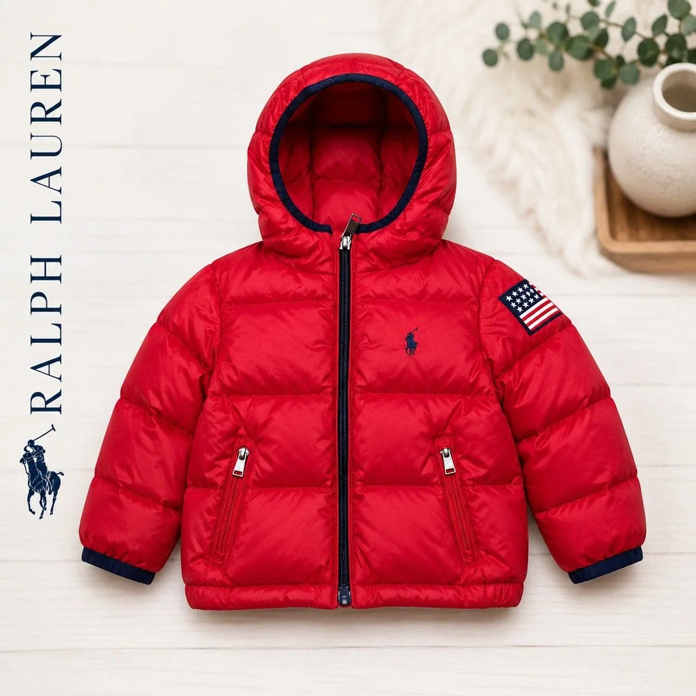 Ralph Lauren Puffer Jacket Kids 9M Red Coat American Flag Down Filled Hooded